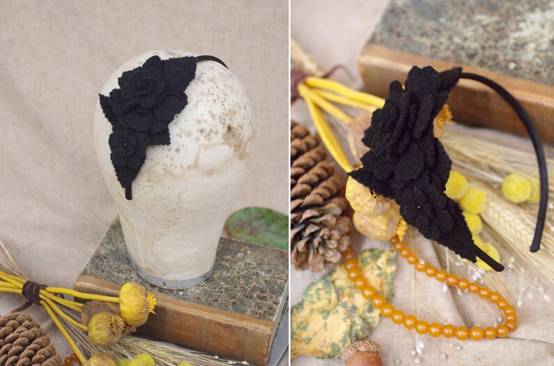 Winter accessories: black wool headband // customizable headpiece // gift idea // fascinator boho wool elegant minimalistic image 6