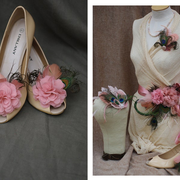 Clip per scarpe rosa antico per scarpe da sposa // accessori per gioielli da sposa matrimonio vintage // piume pastello rosa pavone piume di pavone scarpe sposa