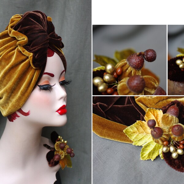 GOLD & BROWN // Golden velvet Full cap Turban Brooch // roaring twenties // Vintage 40s 30s 20s // Retro Art Nouveau Turban Hat Jazzafine