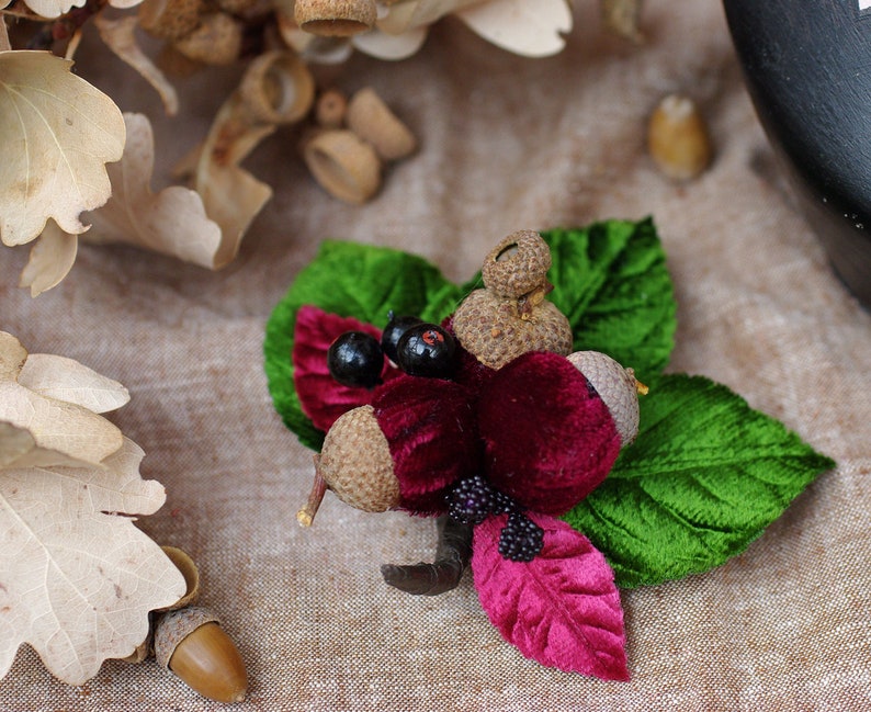 DEEP GRREN Velvet Turban Headband & Brooch // Vintage 40s 30s // Retro Art Nouveau //burgundy green red bow // acorns // Jazzafine image 7