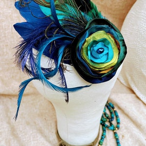 Headpiece Julietta bridal fascinator turquoise teal gold green peacock wedding bridesmaid bride vintage boho feathers ascot roaring twenties image 8