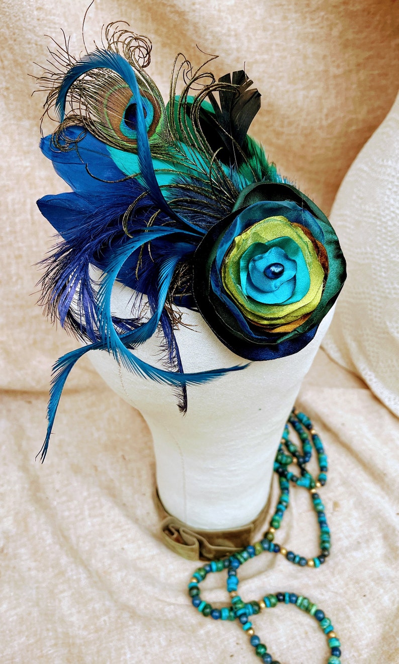 Headpiece Julietta bridal fascinator turquoise teal gold green peacock wedding bridesmaid bride vintage boho feathers ascot roaring twenties image 8