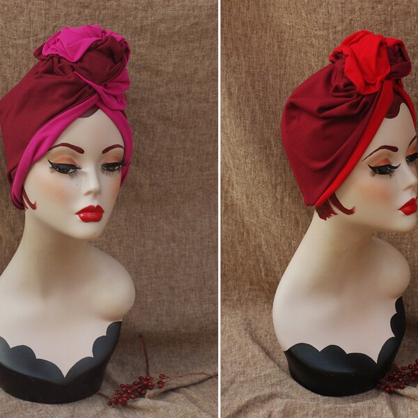 Winered RED PINK Boho style Full cap Turban // 40s 30s Accessories Vintage Hat // Hair lost // dark red & hot pink