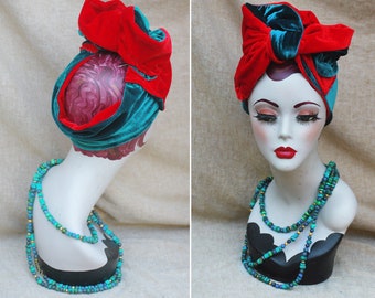 poppy red & teal / peacock green Velvet Turban Headband // Vintage 20s 30s Pinb Up look Bow // Art Nouveau bourlesque dancer accessories