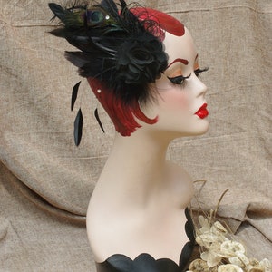 Headpiece fascinator feathers burlesque black ascot veil birg cage rhinestones vintage edwardian BLACK dolefulness funeral cemetery peacock image 7