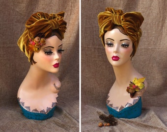 GOLDEN autumn Velvet Turban Headband for FALL / Vintage 40s 30s / Retro Art Nouveau Bow  / gift idea for women Christmas / xmas gift /