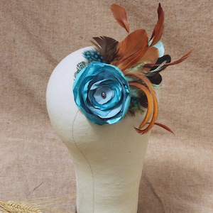 Headpiece Fascinator teal aqua brown wedding bridal bride bridesmaids feathers hair flower vintage boho bride bohemian wild guinea blue