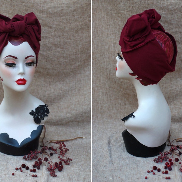 Bordeaux rot dunkelrot Herbst TURBAN Haarband Turbanband  // burgund Diva Style Kopfschmuck // Stirnband retro vintage 30er 40er Jersey