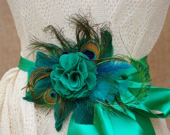 Bridal Sash wedding emerald green teal belt Flower Sash vintage Bride peacock edwardian romantic Bridesmaid unique feathers turquoise