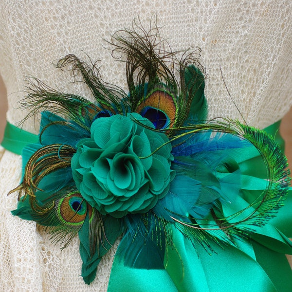 Bridal Sash wedding emerald green teal belt Flower Sash vintage Bride peacock edwardian romantic Bridesmaid unique feathers turquoise