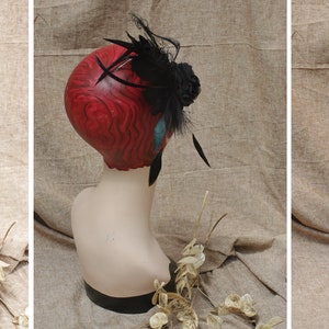 Headpiece fascinator feathers burlesque black ascot veil birg cage rhinestones vintage edwardian BLACK dolefulness funeral cemetery peacock image 9