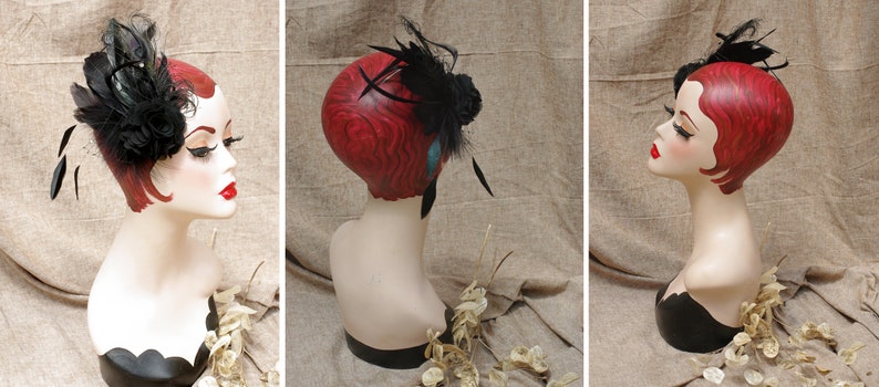 Headpiece fascinator feathers burlesque black ascot veil birg cage rhinestones vintage edwardian BLACK dolefulness funeral cemetery peacock image 9