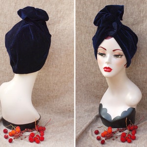 NAVY blue VELVET Turban hat // Vintage diva style // 30s 40s Retro // Unique // accessories // cancer hair lost therapy // Art nouveau image 10