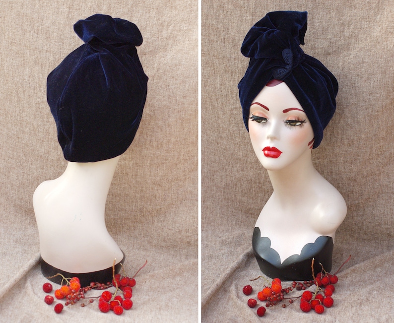 NAVY blue VELVET Turban hat // Vintage diva style // 30s 40s Retro // Unique // accessories // cancer hair lost therapy // Art nouveau image 10