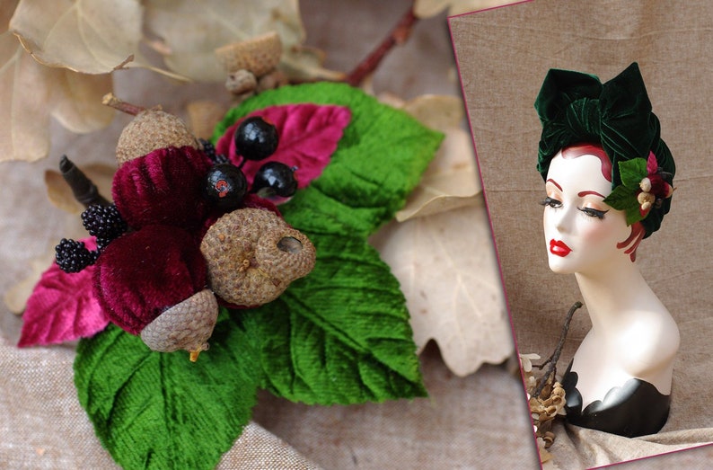 DEEP GRREN Velvet Turban Headband & Brooch // Vintage 40s 30s // Retro Art Nouveau //burgundy green red bow // acorns // Jazzafine image 3