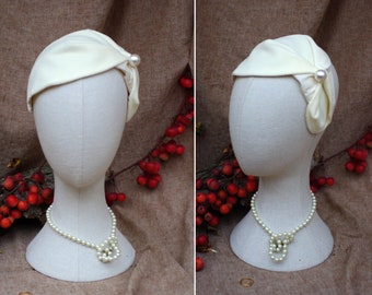 Samt & Seide Perle Brautschmuck // Haarreif Half Hat Headpiece CREME elfenbein // Vintage Stil der 50er 40er Winter Hochzeit Vintagebraut