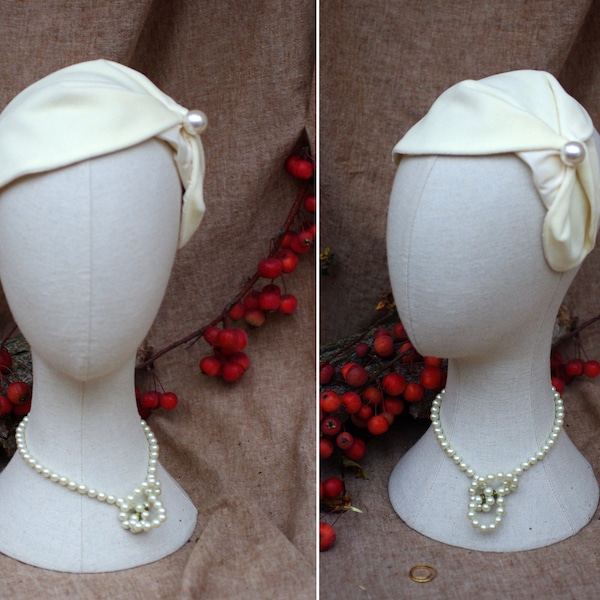 Samt & Seide Perle Brautschmuck // Haarreif Half Hat Headpiece CREME elfenbein // Vintage Stil der 50er 40er Winter Hochzeit Vintagebraut