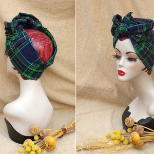 NAVY blue & GREEN Tartan Turban Headband organic cotton jersey // Vintage 40s 50s Rockabilly Retro Bow Pin Up Rockabella checked plaid image 7