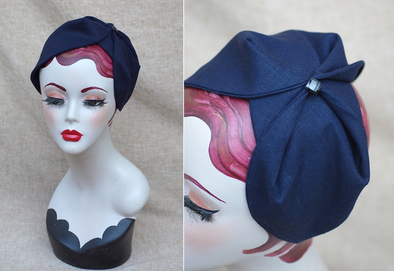 NAVY blue Half Hat pure linen Summer // Headpiece Vintage 30s 20s Art Deco // elegant Diva Look // Headband Fascinator roaring accessories Glasknopf