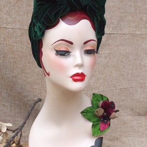 DEEP GRREN Velvet Turban Headband & Brooch // Vintage 40s 30s // Retro Art Nouveau //burgundy green red bow // acorns // Jazzafine image 5