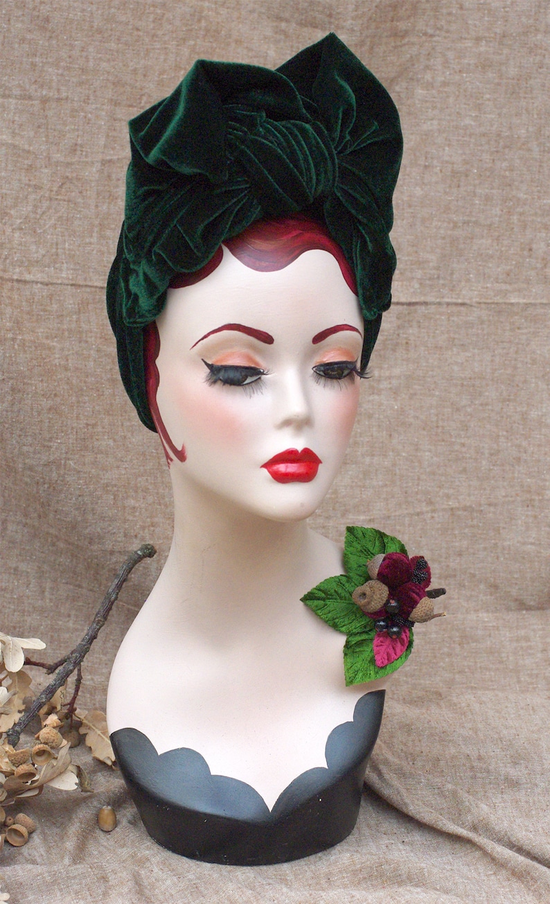 DEEP GRREN Velvet Turban Headband & Brooch // Vintage 40s 30s // Retro Art Nouveau //burgundy green red bow // acorns // Jazzafine image 5