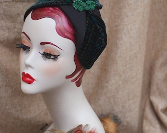TARTAN blue & green // Half Hat Headpiece Velvet Lace Vintage 30s 40 style / Gold Diva Plaid Checked Headband Fascinator scottland navy