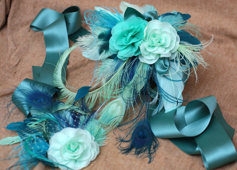 Bridal Sash & Headpiece aqua blue mint green pastell teal turquoise // vintage wedding belt Fascinator // Bride Peacock feathers Bridesmaid image 8