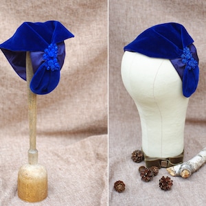 royal blue Velvet & Moiré Taffeta Half Hat // Headpiece Vintage 30s 20s Art Deco // Diva Bow // Headband Fascinator cobalt blue navy