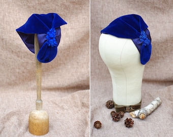 royal blue Velvet & Moiré Taffeta Half Hat // Headpiece Vintage 30s 20s Art Deco // Diva Bow // Headband Fascinator cobalt blue navy