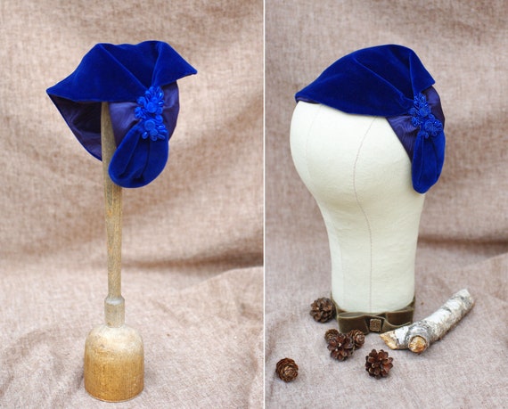 Royal Blue Velvet & Moiré Taffeta Half Hat // Headpiece  display picture 1