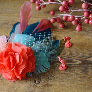 Elegant fascinator flamingo pink & aqua blue // bridal accessories // headpiece for bridesmaids // vibrant summer colors tropical wedding