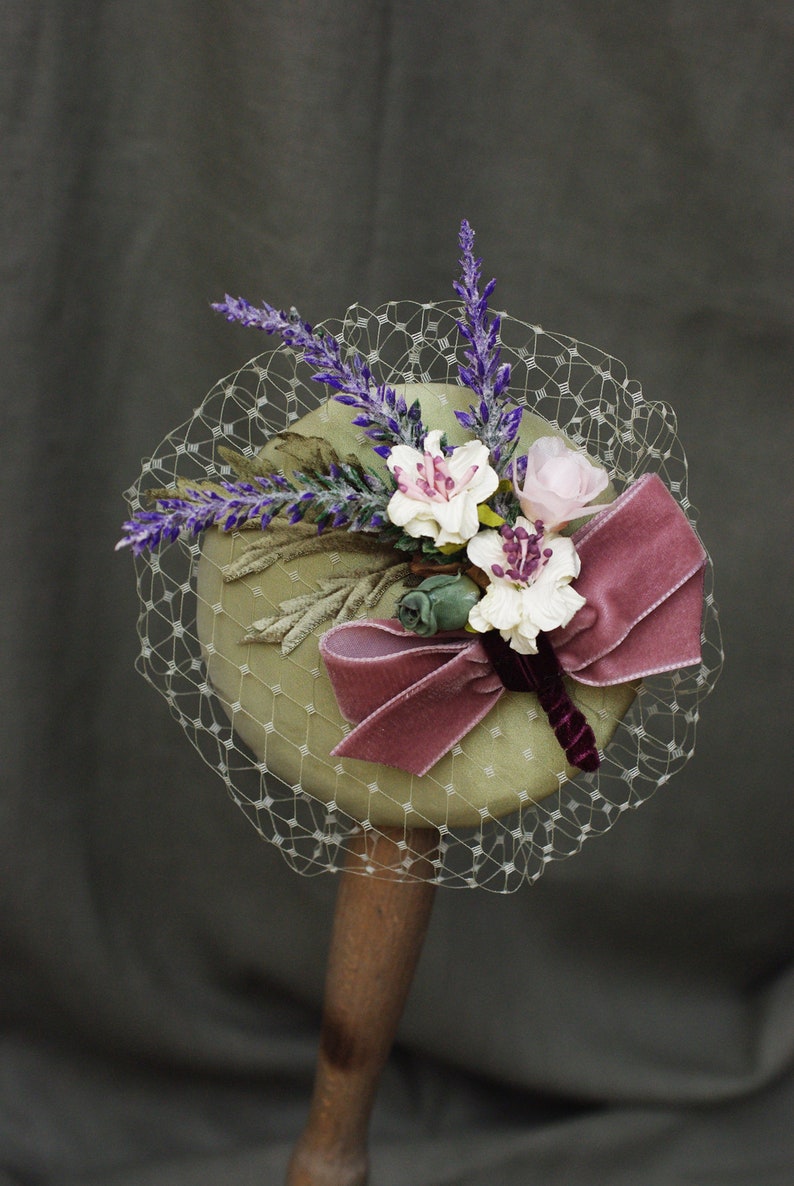 Provence lavender lilac green mint bridal headpiece fascinator corsage wedding accessoiries vintage bride bridesmaid silk fifties pastel image 8