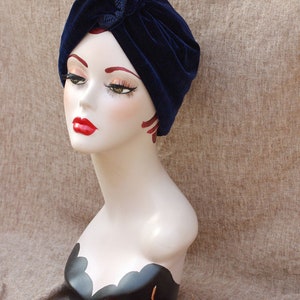 NAVY blue VELVET Turban hat // Vintage diva style // 30s 40s Retro // Unique // accessories // cancer hair lost therapy // Art nouveau image 9