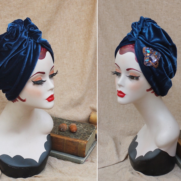 SAMT Turban blau elegant // Turbanhut royal ozeanblau // 30er 40er Vintage Stil jeansblau kupfer Chemo Haarausfall Mütze stilvoll stahlblau