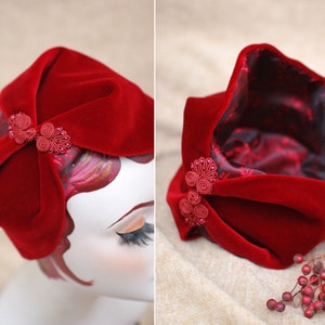 Wine Red Velvet Half Hat // Headpiece Vintage 30s 20s Art Deco // Diva Headband Fascinator accesories Valentines // engagement gift idea image 3