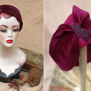 Wine purple red Velvet & WoolHalf Hat // Headpiece Vintage 30s 20s Aer Deco // Headband Fascinator burgundy // accesories image 8