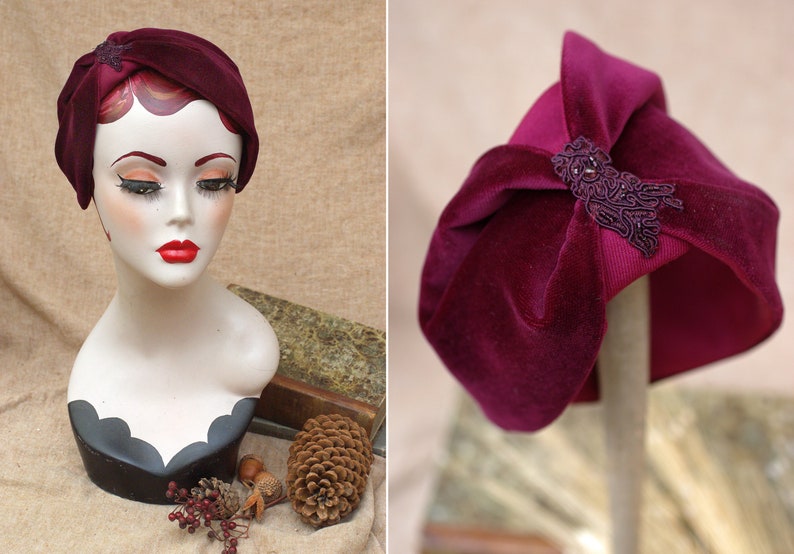 Wine purple red Velvet & WoolHalf Hat // Headpiece Vintage 30s 20s Aer Deco // Headband Fascinator burgundy // accesories image 8
