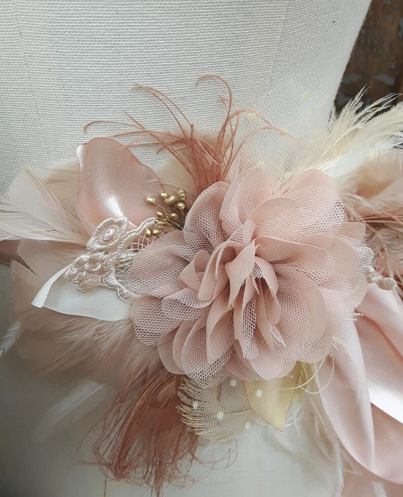 Bridal Sash & Headpiece wedding belt Fascinator Flower vintage Bride blush nude beige tan Peacock edwardian romantic Bridesmaid lace cream image 3