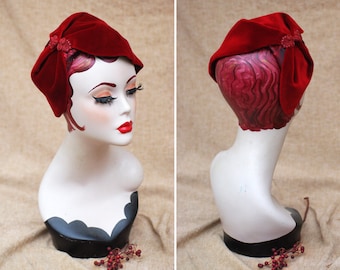 Wine Red Velvet Half Hat // Headpiece Vintage 30s 20s Art Deco // Diva Headband Fascinator accesories Valentines // engagement gift idea