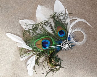 bridal set headpiece & boutonniere peacock fascinator corsage wedding feathers chrystals bride fiance groom bridesmaids something blue