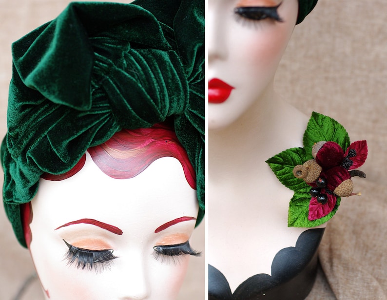 DEEP GRREN Velvet Turban Headband & Brooch // Vintage 40s 30s // Retro Art Nouveau //burgundy green red bow // acorns // Jazzafine image 6