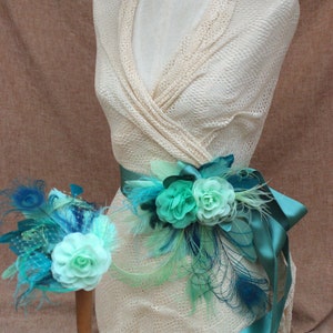 Bridal Sash & Headpiece aqua blue mint green pastell teal turquoise // vintage wedding belt Fascinator // Bride Peacock feathers Bridesmaid image 2