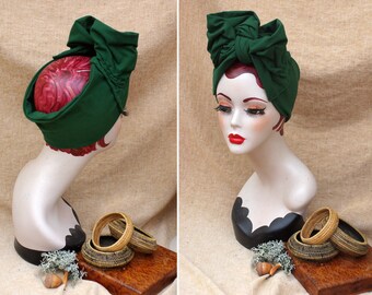 Serre-tête turban en jersey vert // bandeau turban en coton vert feuillu vert foncé // style ouvrier vintage années 40 50 années cinquante pin up accessoires