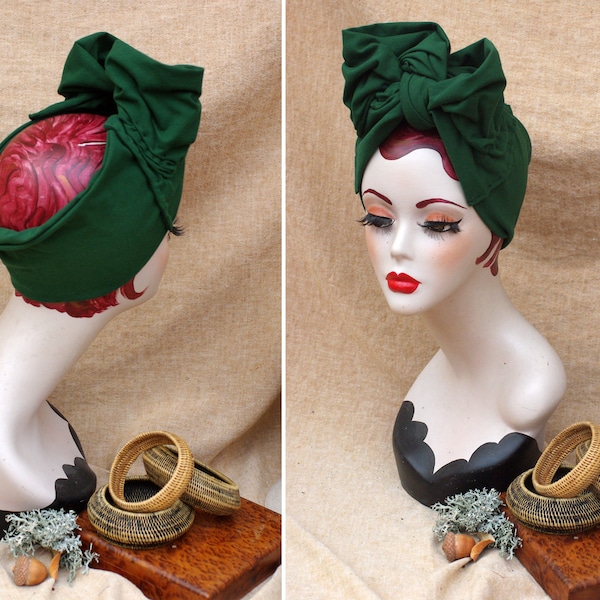 FOREST GREEN Turban Headband made of cotton jersey // Vintage inspired style 40s 50s Rockabilly Worker Retro Bow diva Pin Up Rockabella