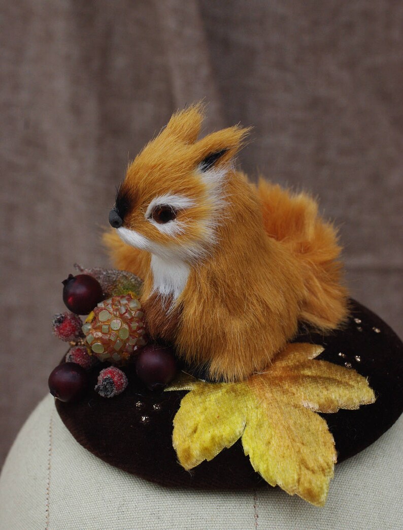 Headpiece Fascinator squirrel velvet berries chocolate brown copper elegant ascot vintage gold pets leaf fall spring ascot dots wild animal