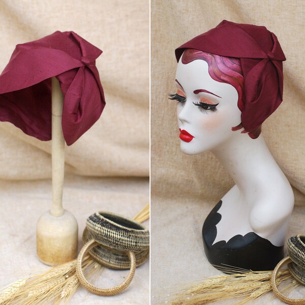 Wine red Silk Half Hat, elegant Headpiece Vintage Style  30s 20s Art Deco,  Headband Fascinator, retro accessories, hair covering church