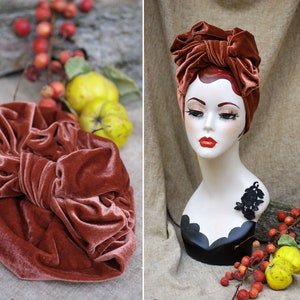 Rusty autumn Velvet Turban Headband / red hair accessories // FALL Vintage 20s 30s / Retro Art Nouveau Bow reddish copper red Urban