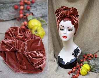 Rusty autumn Velvet Turban Headband / red hair accessories // FALL Vintage 20s 30s / Retro Art Nouveau Bow reddish copper red Urban