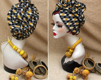 Houndstooth black hite curry gold // Glen Plaid Turban Headband // Huge BOW Urban 40s 30s Style Vintage // Business Look checked Retro