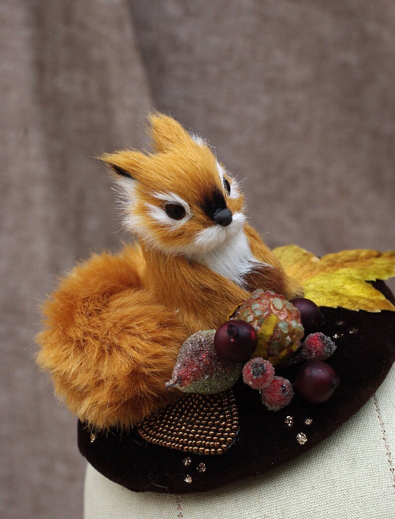 Headpiece Fascinator squirrel velvet berries chocolate brown copper elegant ascot vintage gold pets leaf fall spring ascot dots wild animal